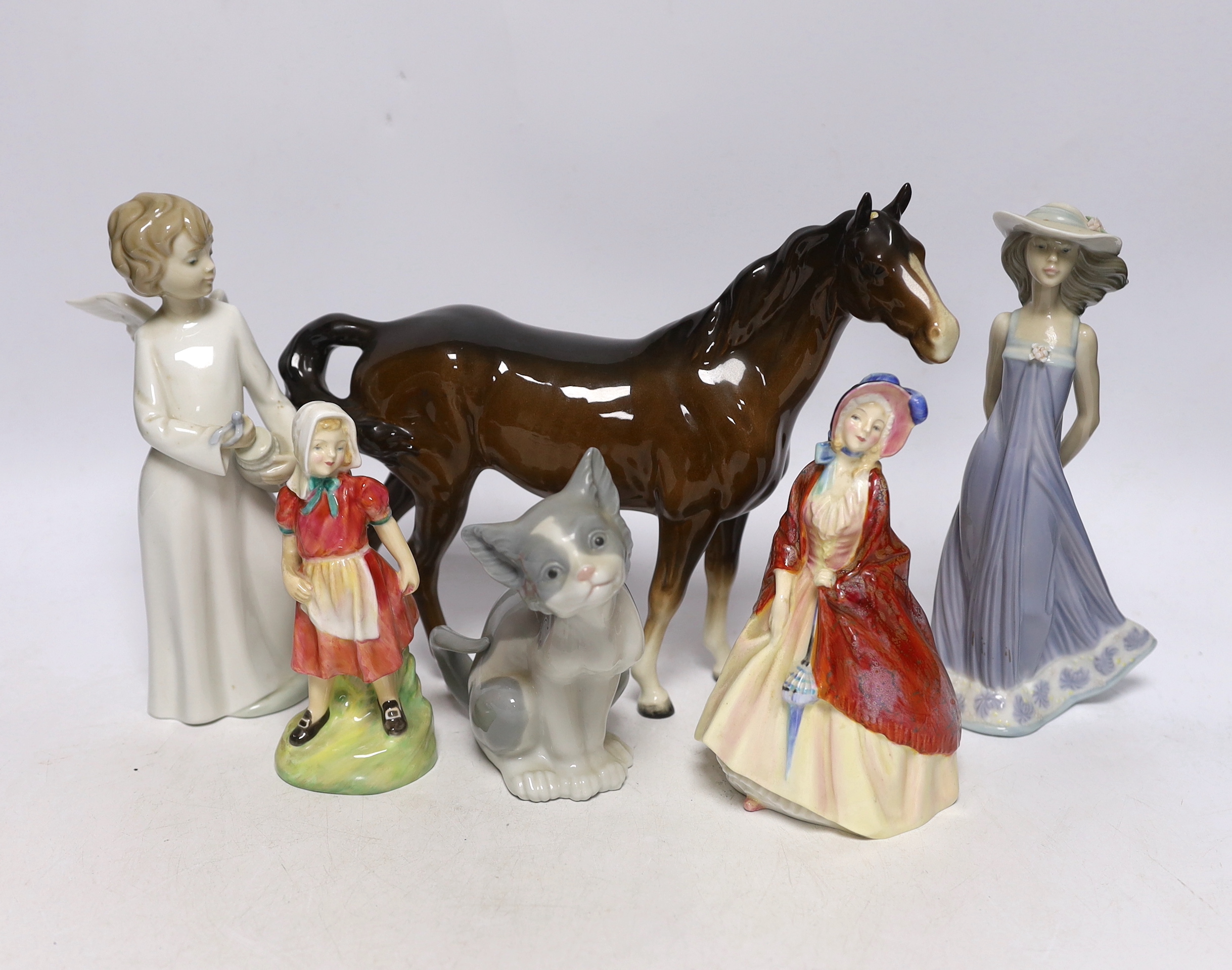 Two Royal Doulton figures, three Lladro and a Beswick horse, tallest 22cm high